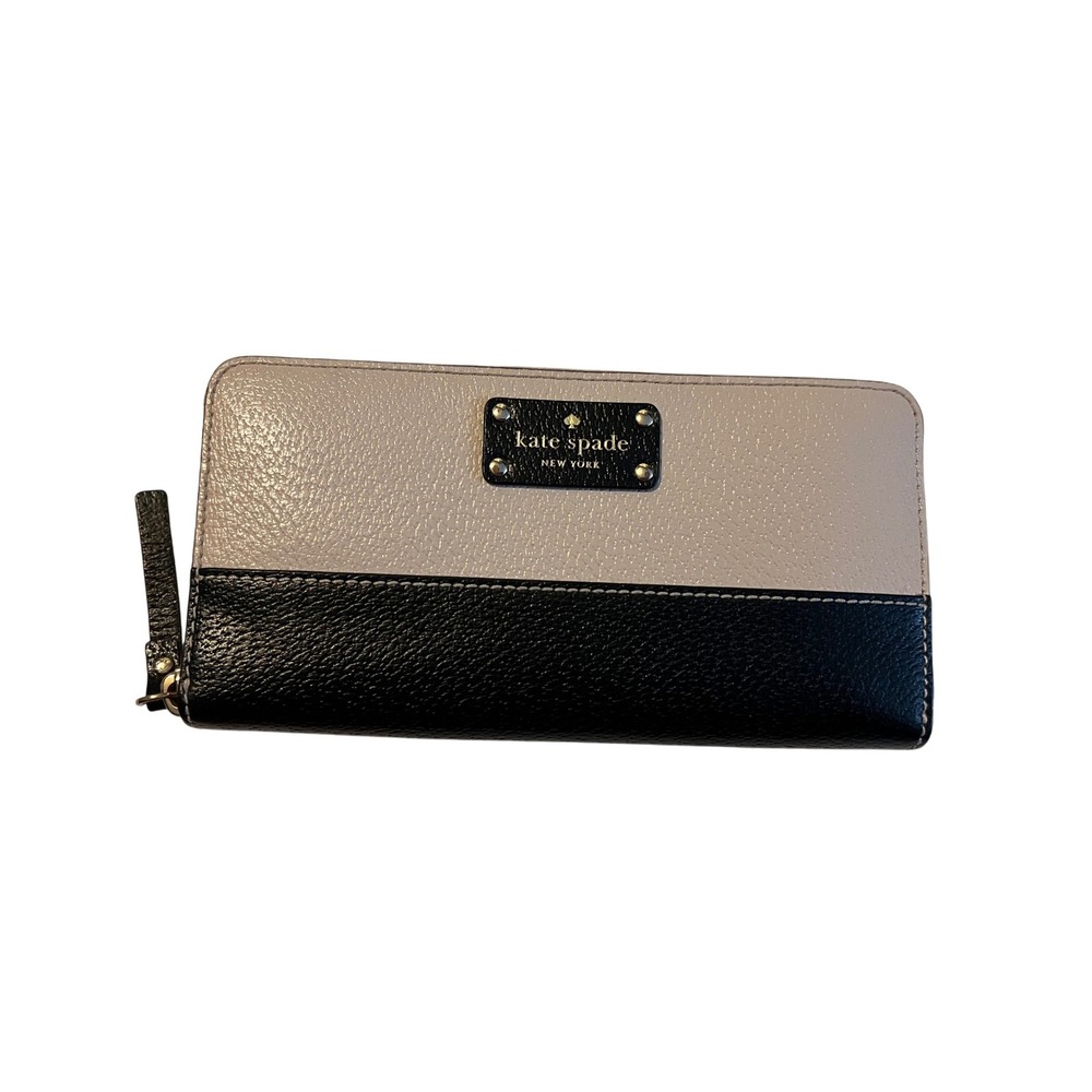 Kate Spade New York Beige Black Colorblock Pebbled Leather Zip Around Wallet